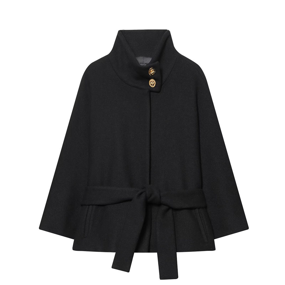 Ladies Cape Coat with Stand Collar, Tie Belt and Decorative Decorative Buttons Mune Fashion