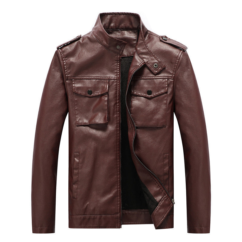 Men's slim artificial leather field blazer with stand-up collar, chest flap pockets, and zipper Mune Fashion