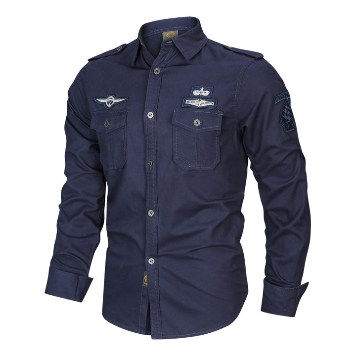 Men's tailored cotton shirt with epaulettes, patch chest pockets, and distinctive patch details Mune Fashion