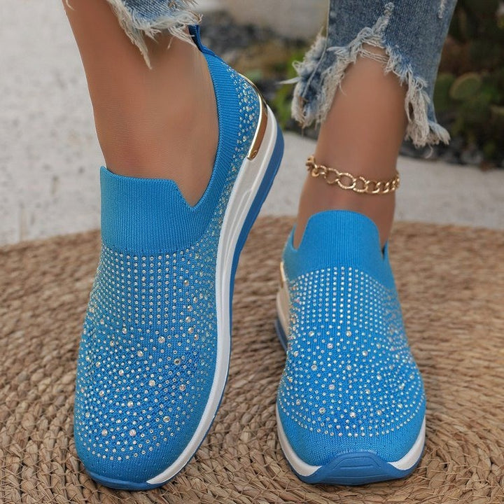 Women's knit slip-on sneakers with sparkling rhinestone trim, elastic entry, and cushioned platform sole Mune Fashion