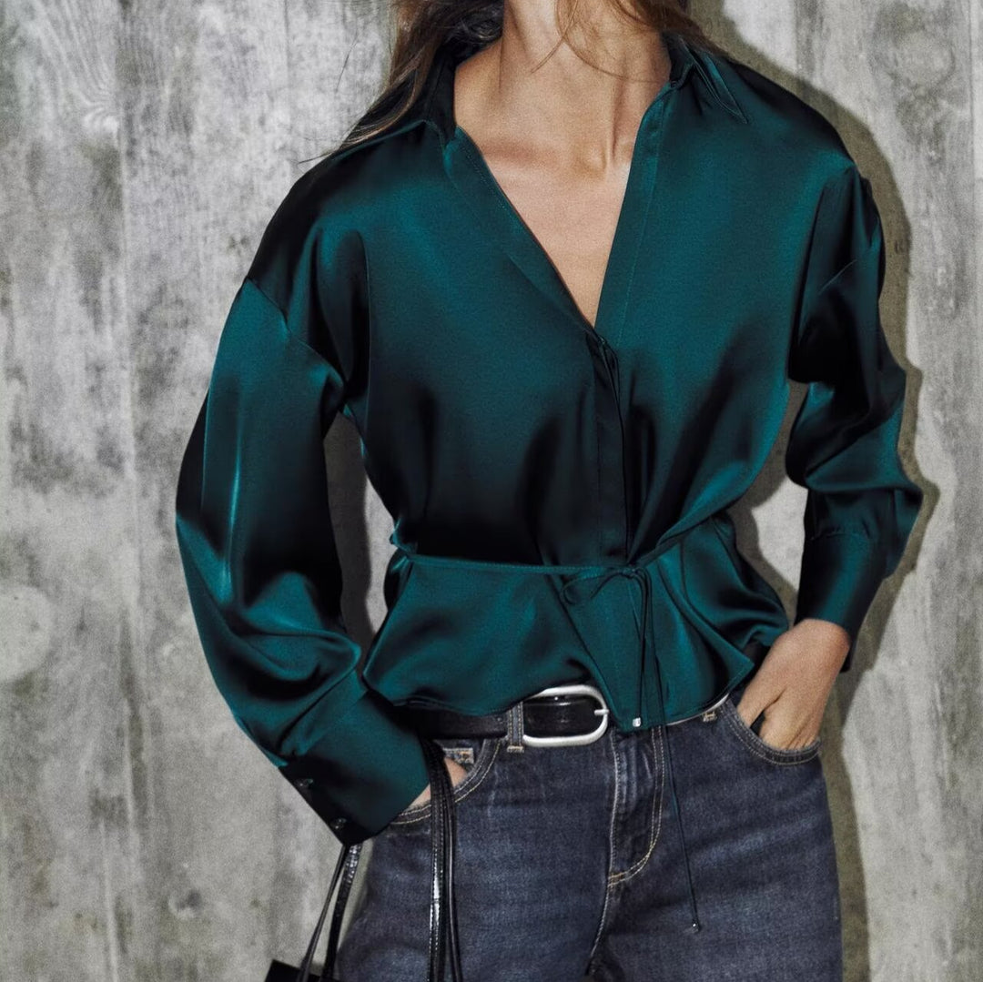 Women's satin blouse with drawstring waist, wide shirt collar, and wide cuffs Mune Fashion