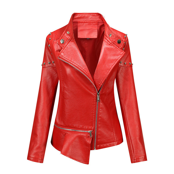 Women Asymmetrical Faux Leather Biker Jacket with Studs & Asymmetrical Zipper Mune Fashion