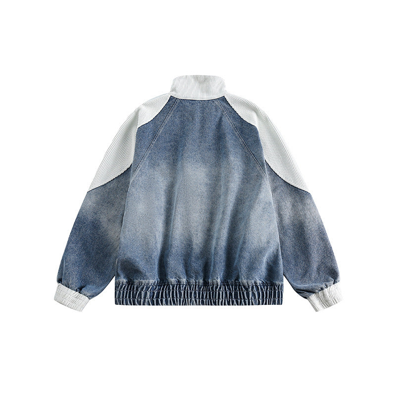 Unisex Boxy Jeans Jacket in Patchwork Look with Stand-Up Collar and Zipper Mune Fashion