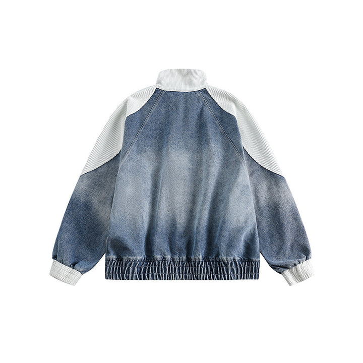 Unisex Boxy Jeans Jacket in Patchwork Look with Stand-Up Collar and Zipper Mune Fashion