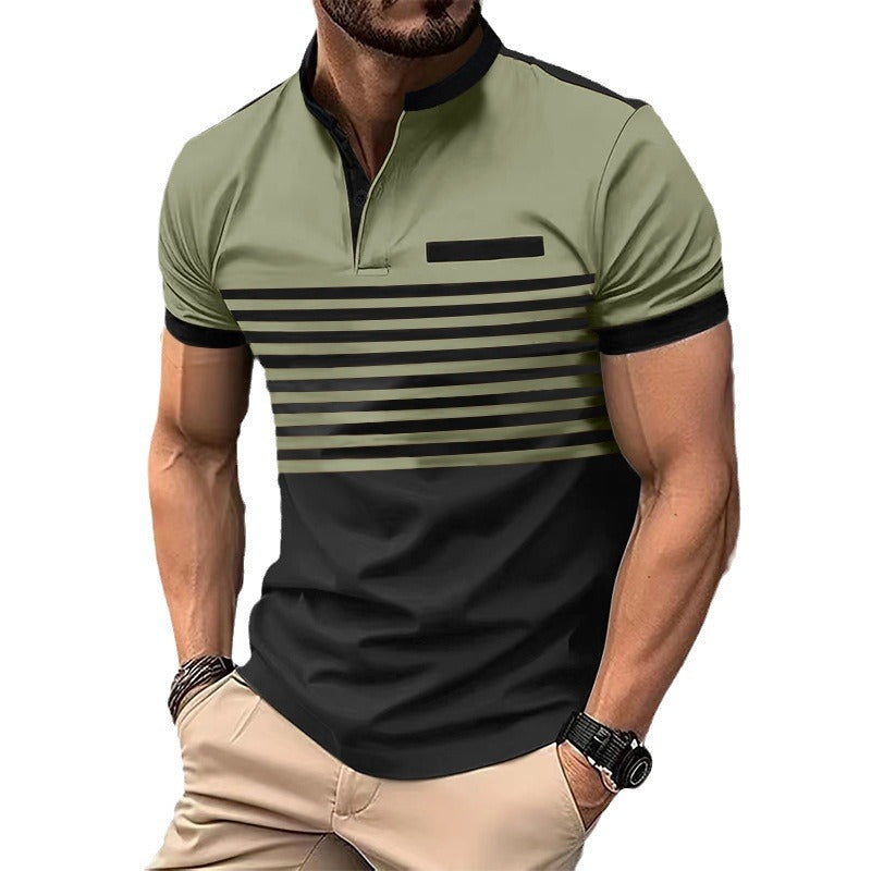 Men's short-sleeved striped short-sleeve shirt with button placket, stand-up collar and chest piping Mune Fashion