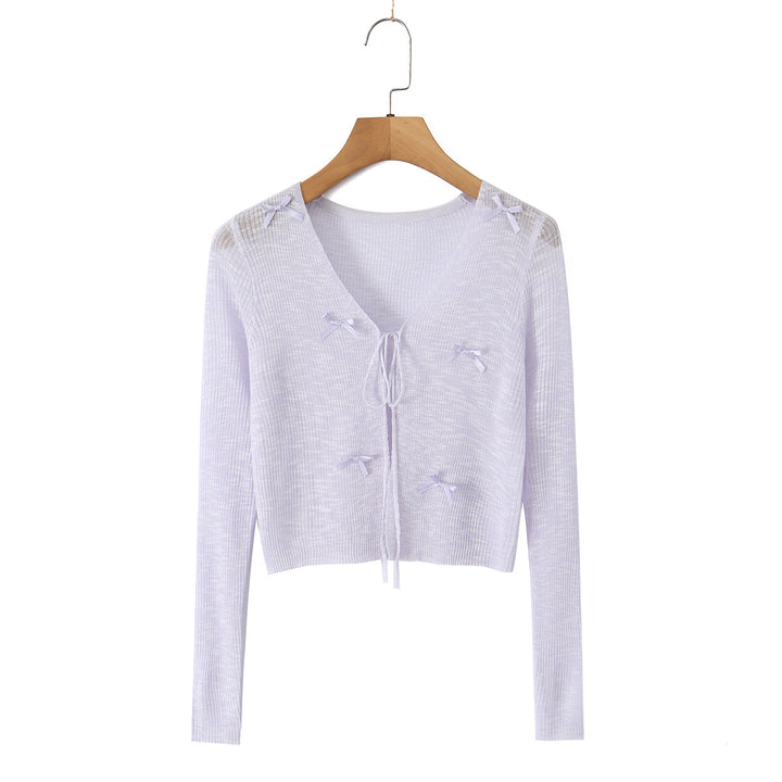 Women Cropped Fine Knit Cardigan with V-Neck, Tie Strap and Decorative Bows Mune Fashion