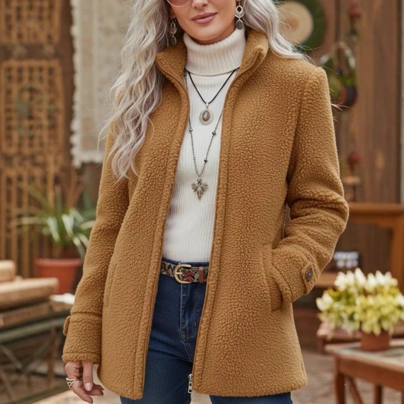 Women Cozy Teddy Cardigan Coat with Stand-Up Collar, Hidden Zipper and Decorative Button Cuffs Mune Fashion