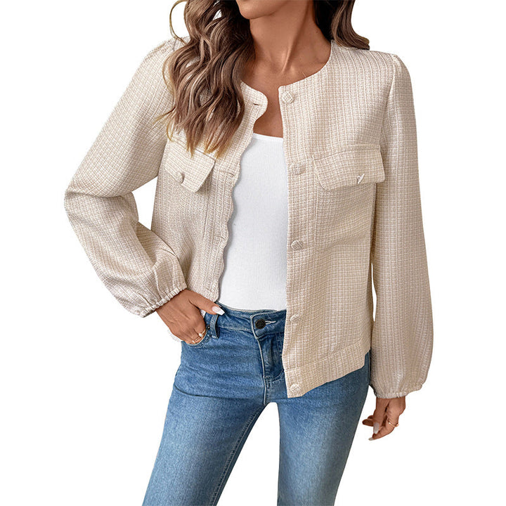 Ladies short jacket made of boucle structure with round neck, flap pockets & elastic cuffs Mune Fashion