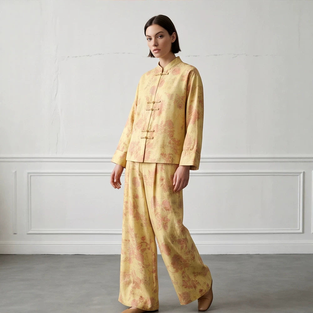 Womens Two-Piece Jacquard Set with Mandarin Collar and Wide Cut Trousers Mune Fashion