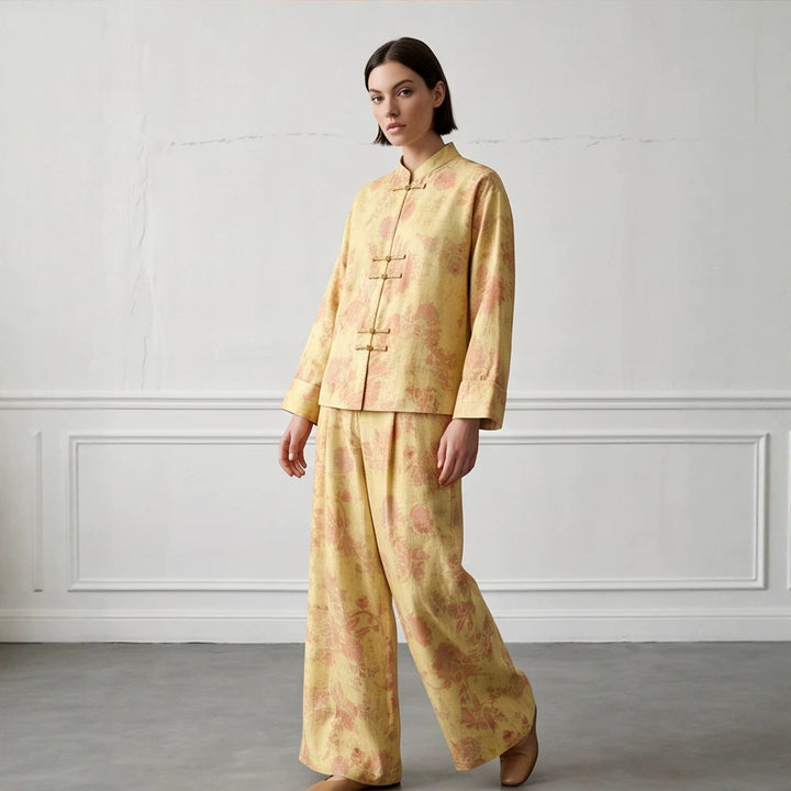 Womens Two-Piece Jacquard Set with Mandarin Collar and Wide Cut Trousers Mune Fashion
