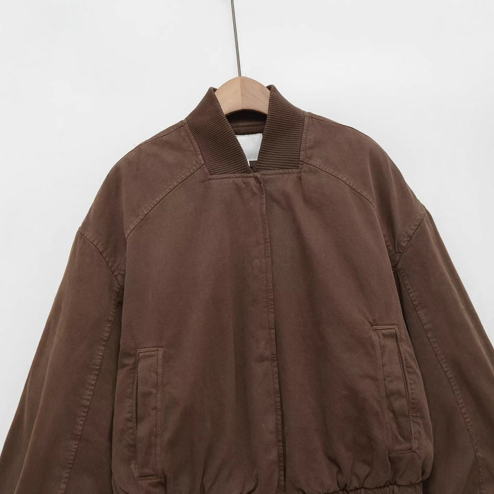 Women's Oversized Bomber Jacket with Gathered Hem and Ribbed Collar Mune Fashion