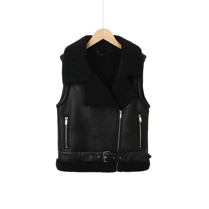 Women's Sleeveless Biker Vest in Shearling Look with Waist Belt Mune Fashion