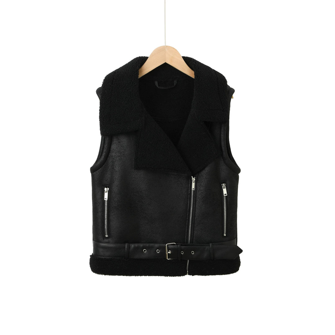 Women's leather vest with teddy lining and waist belt Mune Fashion