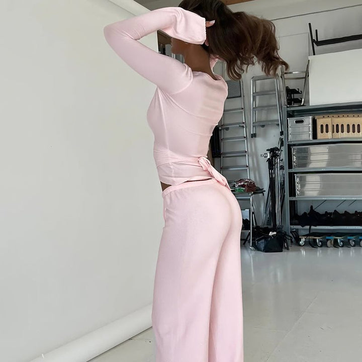 Women Wide High-Waist Lounge Pants made of Fine Knit with Drawstring Mune Fashion