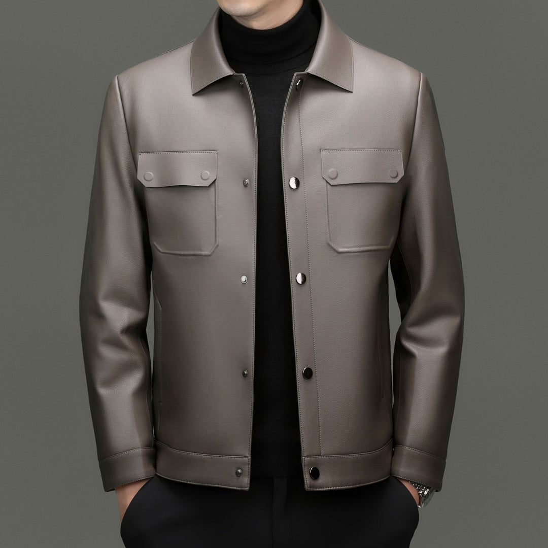 Men's leather jacket in shirt style with snap button closure and patched chest pockets Mune Fashion