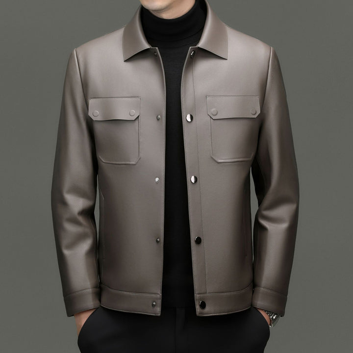 Men's leather jacket in shirt style with snap button closure and patched chest pockets Mune Fashion
