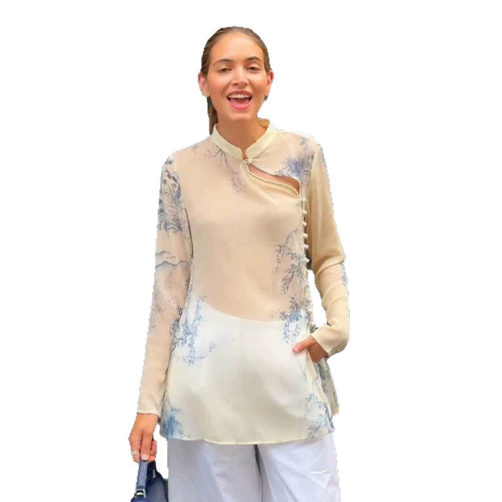 Women's Transparent Chiffon Blouse with Mandarin Collar, Asymmetrical Button Placket & Floral Print Mune Fashion