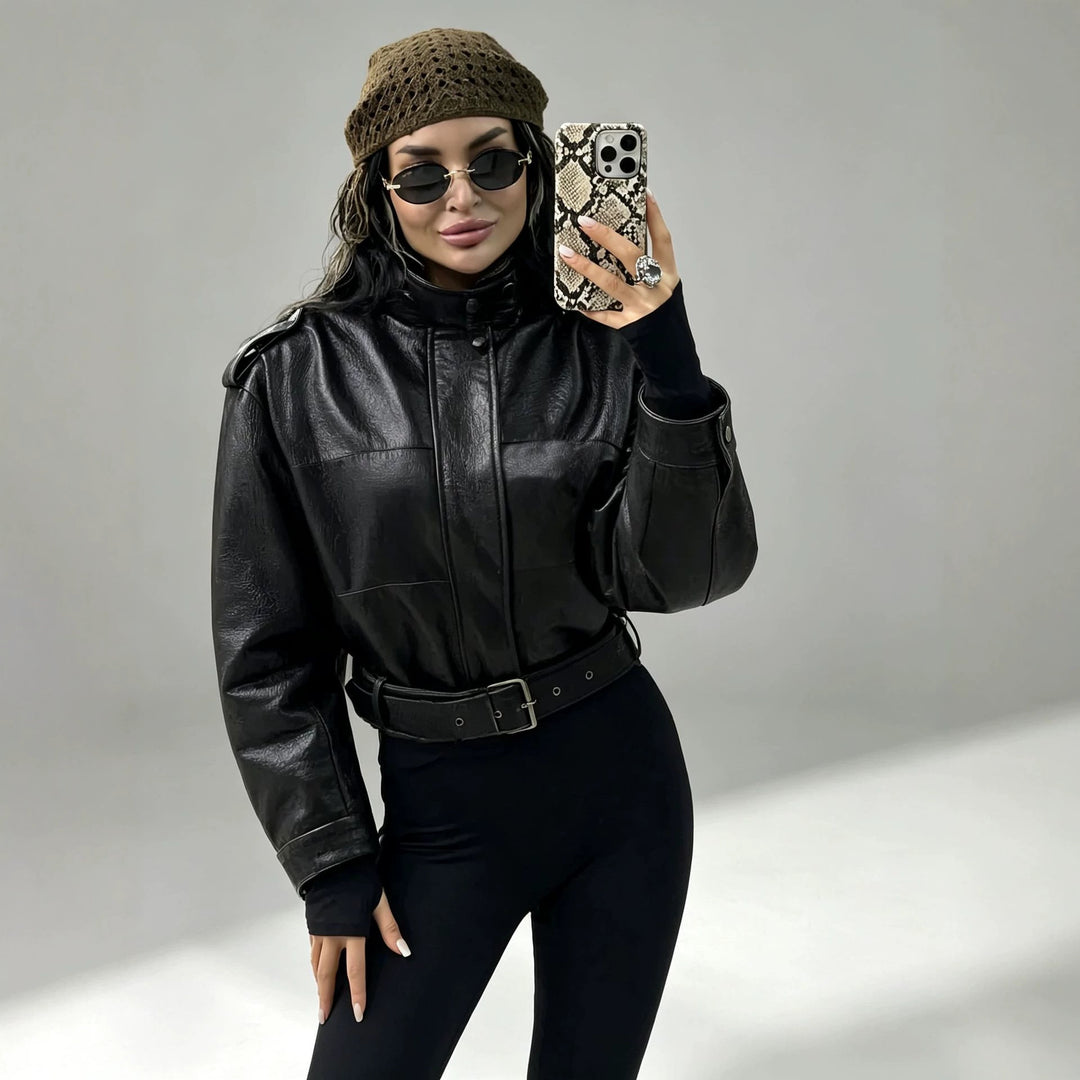 Ladies Fashion Faux Leather Jacket with Belt Mune Fashion