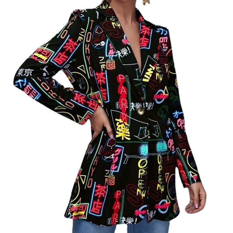 Women's Printed Long Blazer with Graphic Street Art Pattern and Tailored Fit Mune Fashion