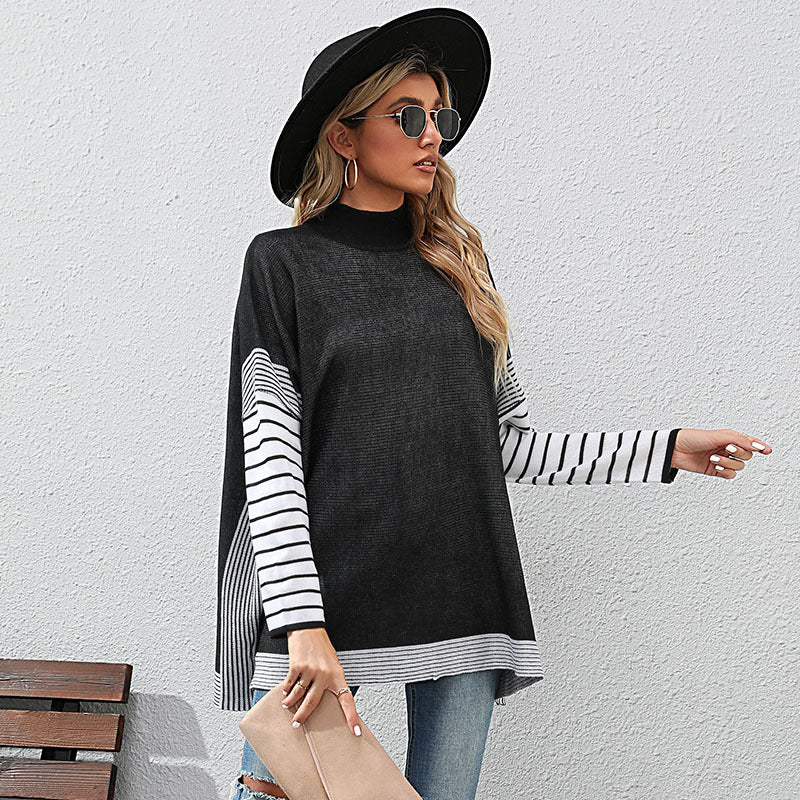 Women’s Oversized Knit Sweater with Stand-Up Collar and Striped Raglan Sleeves Mune Fashion