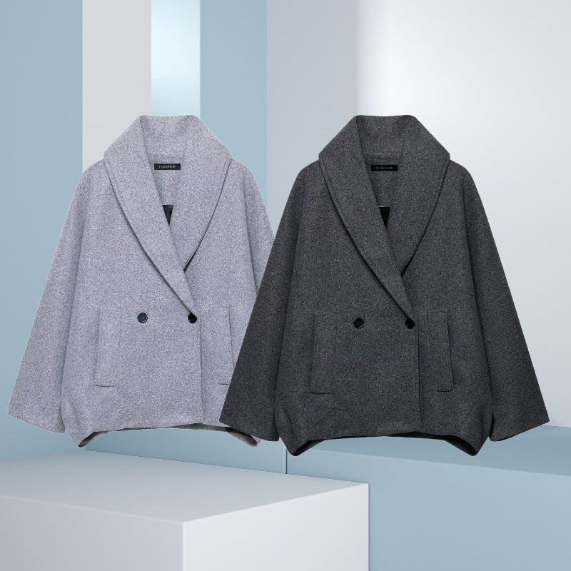 Women Boxy Wool Blend Cape Coat with Wide Shawl Collar and Double Button Placket Mune Fashion