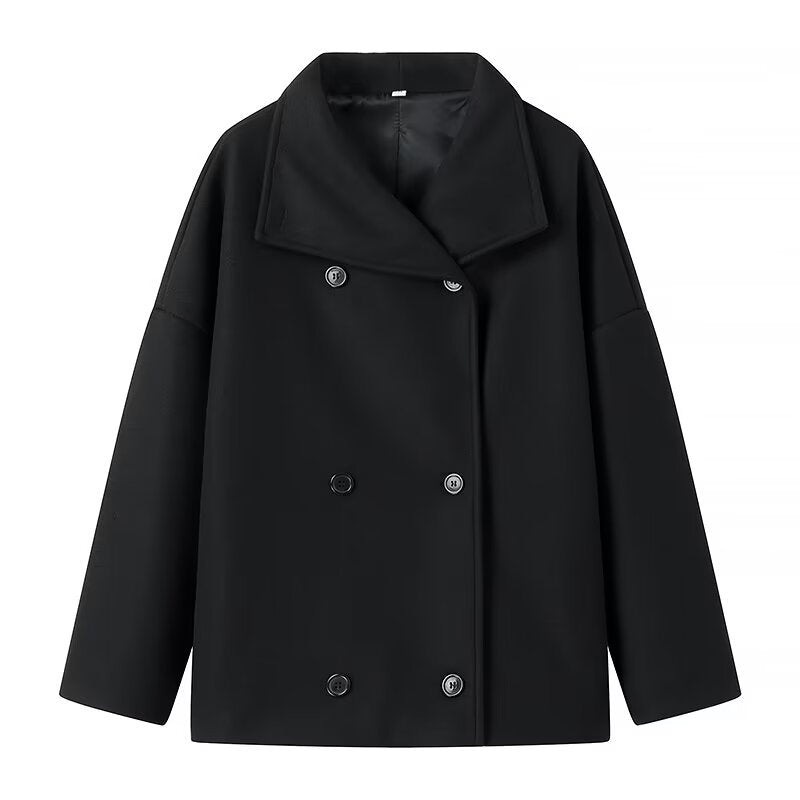 Women nan cocoon-like short jacket with double-breasted button placket and wide shawl collar Mune Fashion