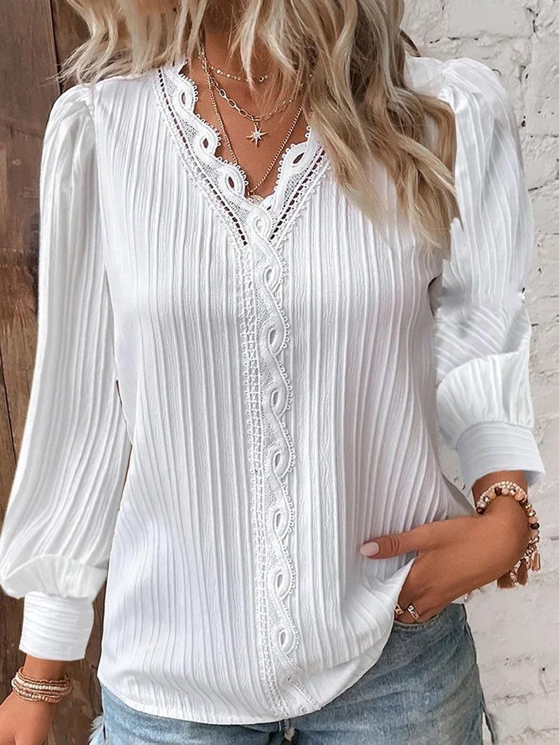 Women's romantic V-neck lace blouse with pleats and puff sleeves Mune Fashion