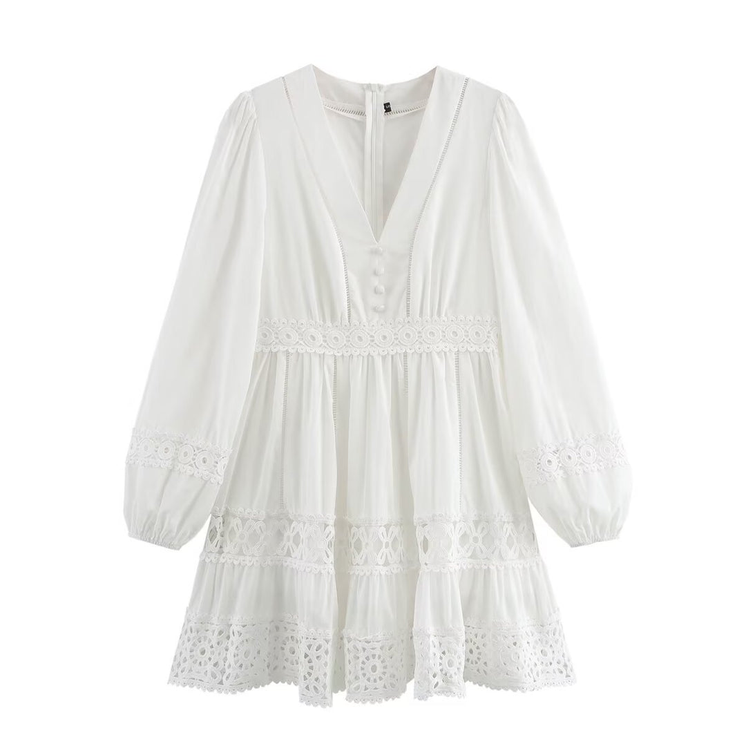 Women's Short Boho Dress with V-Neck, Ruffle Layers and Crochet Lace Mune Fashion