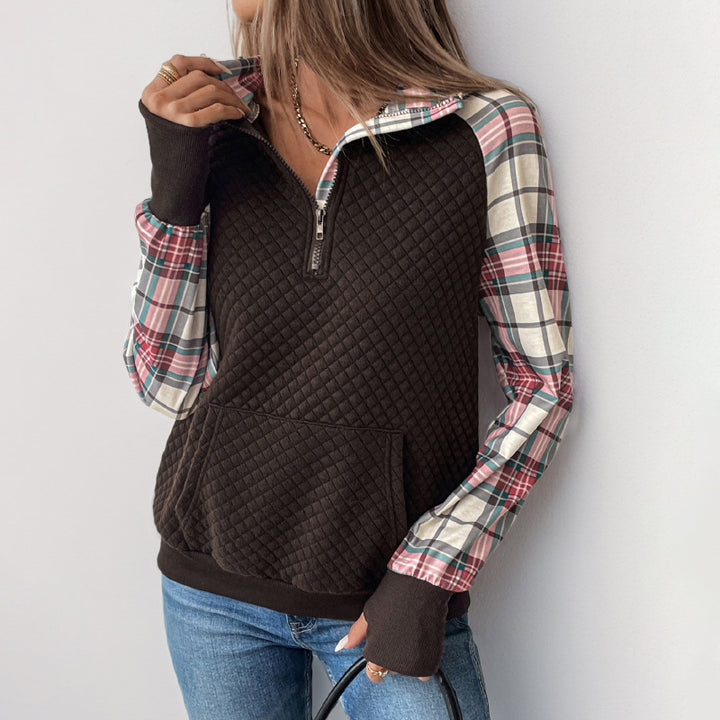 Women Sporty Sweater with Check Pattern Mune Fashion