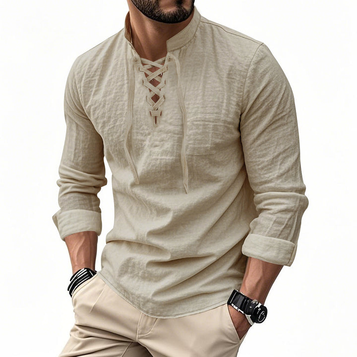 Men's casual sailor-style shirt with stand collar and lace-up front Mune Fashion
