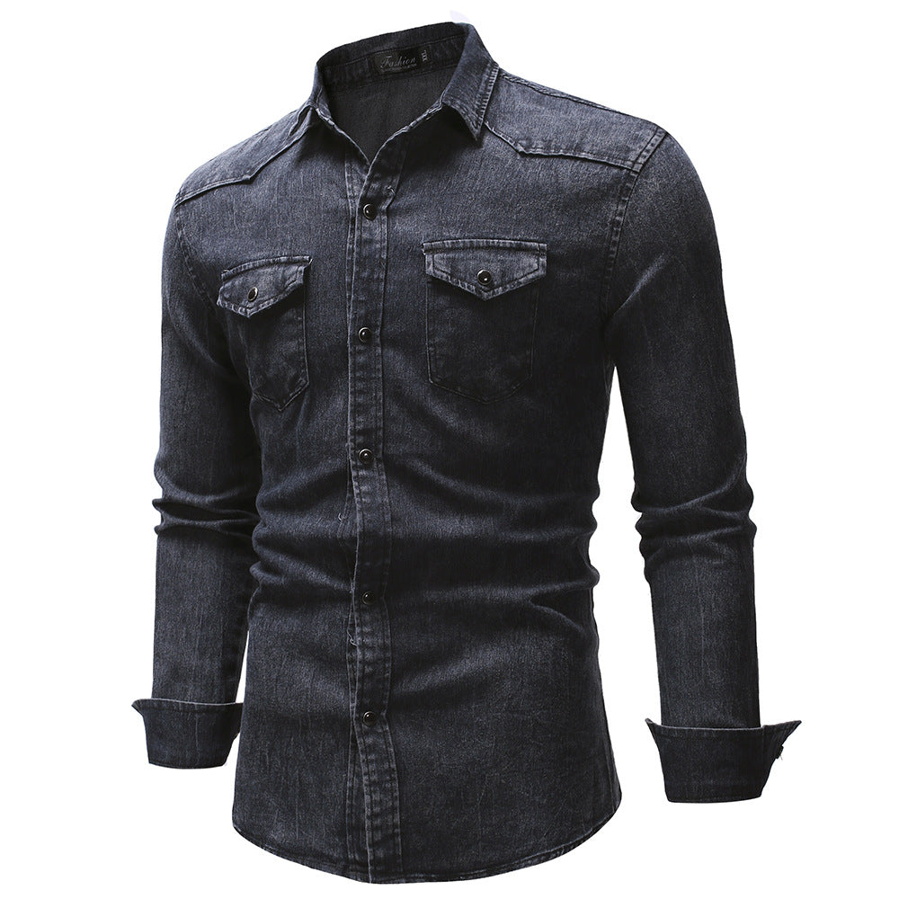 Men's oversized denim shirt jacket with curved hem and patch pockets Mune Fashion