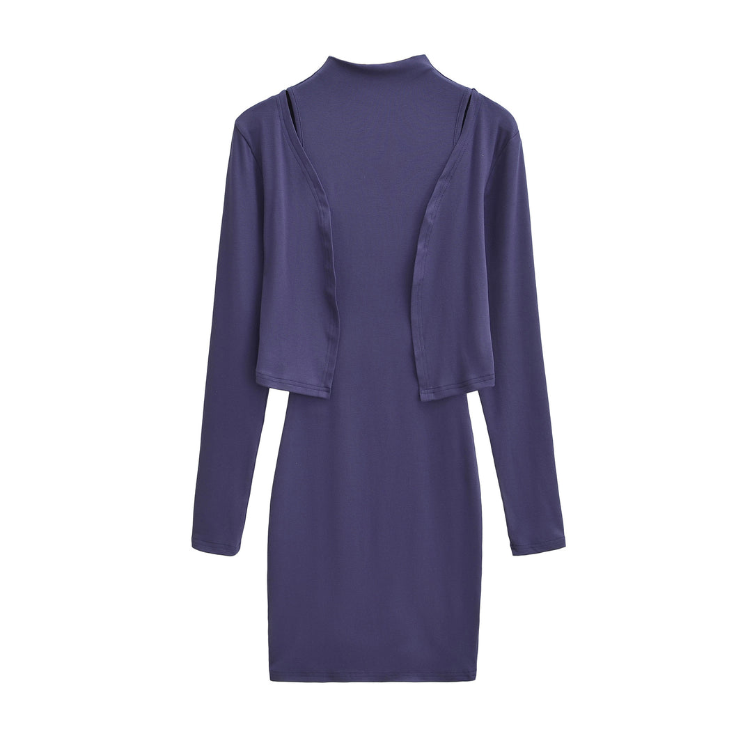 Ladies Figured Close-Fitting Midi Dress with Integrated Bolero and Stand-Up Collar Mune Fashion