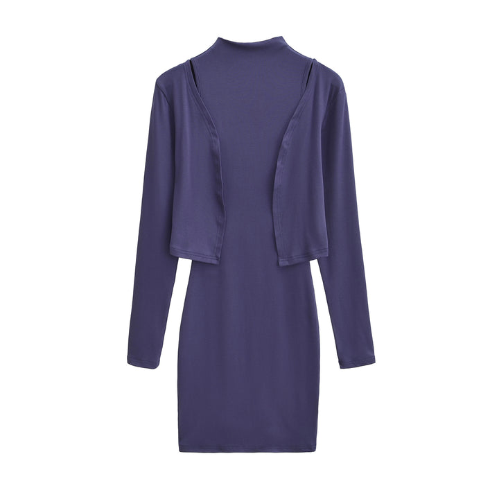Ladies Figured Close-Fitting Midi Dress with Integrated Bolero and Stand-Up Collar Mune Fashion