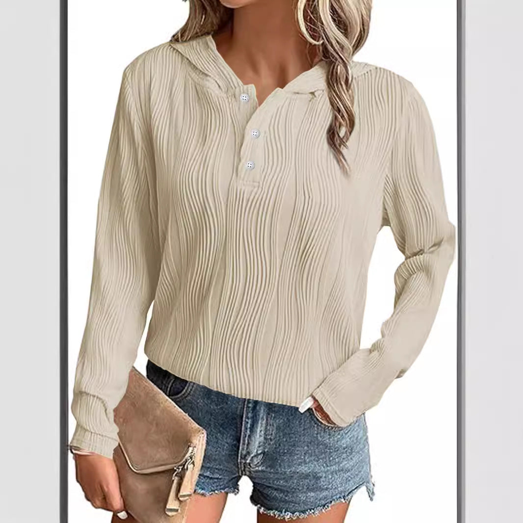 Women's Ribbed Hooded Henley Shirt with Button Placket and Light Texture Mune Fashion