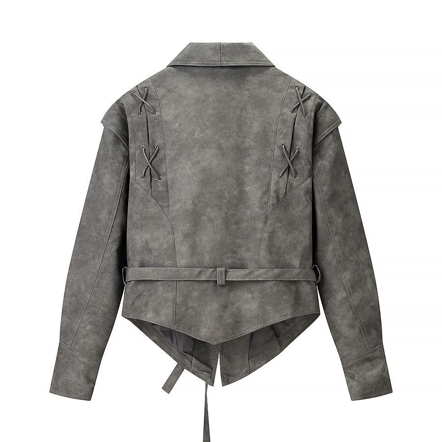 Women's short jacket in velour look with wrap belt and lacing detail Mune Fashion