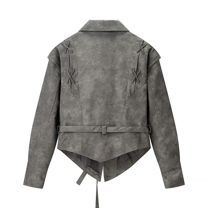 Women's short jacket in velour look with wrap belt and lacing detail Mune Fashion