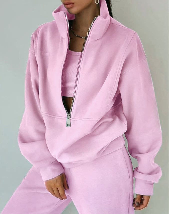 Women's Oversized Half-Zip Sweatshirt with Stand-Up Collar and Matching High-Waist Jogging Pants Mune Fashion