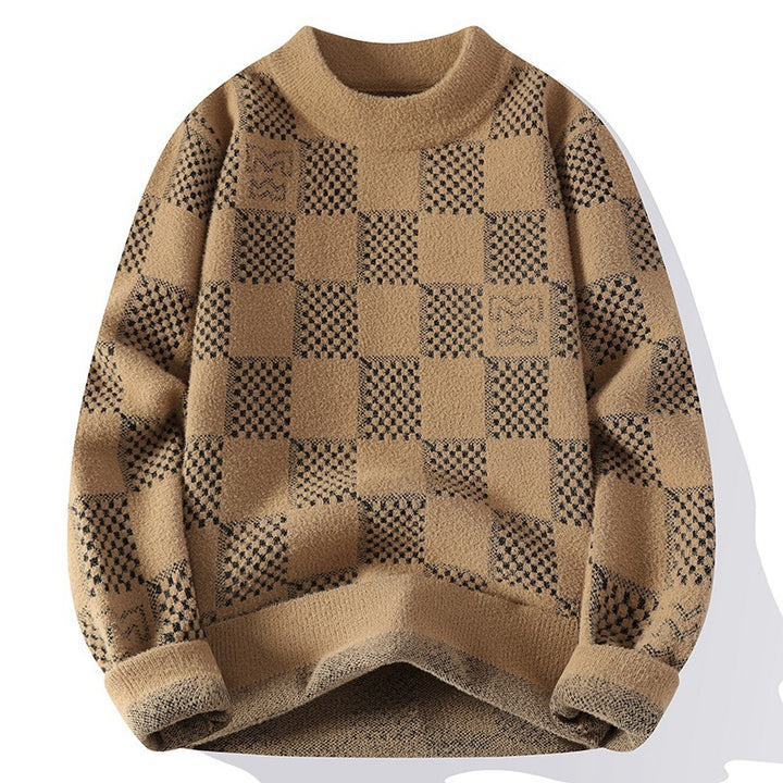 Men's checked oversized knit sweater with round neckline, soft fine knit and structured jacquard pattern Mune Fashion