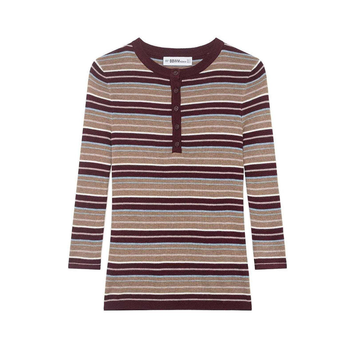 Women's ribbed long sleeve with Henley button placket and fine stripe pattern Mune Fashion