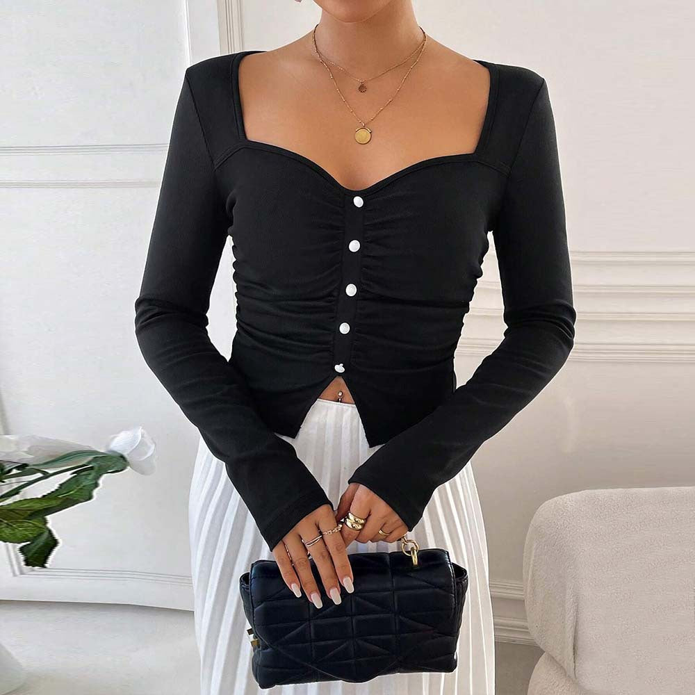 Ladies' figure-hugging gathered long-sleeve cropped top with square neckline and decorative button placket Mune Fashion