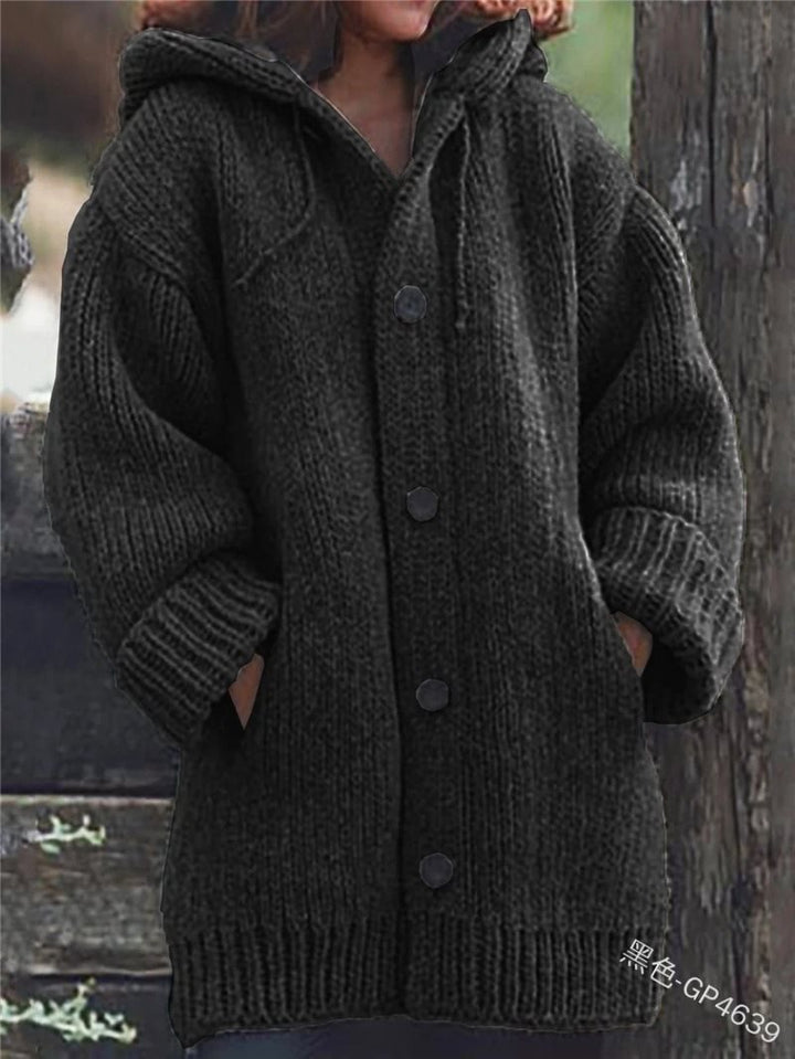 Women's loose-fitting hoodie knit coat with button placket and side pockets Mune Fashion