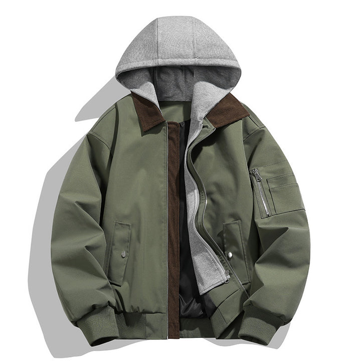 Men's casual leisure bomber jacket with内置 hood layer and cord stand collar Mune Fashion