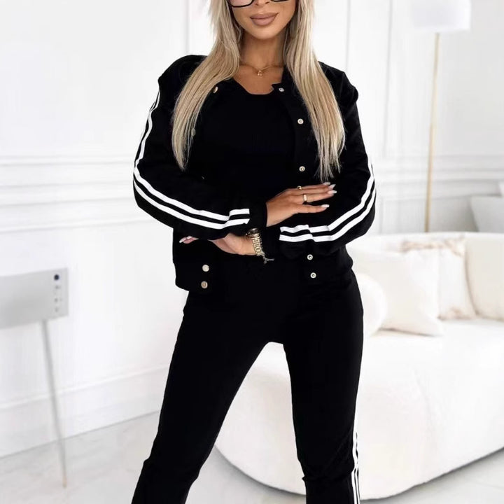 Women's trendy jogging suit set with college jacket, short top and slim-fit jogging pants Mune Fashion