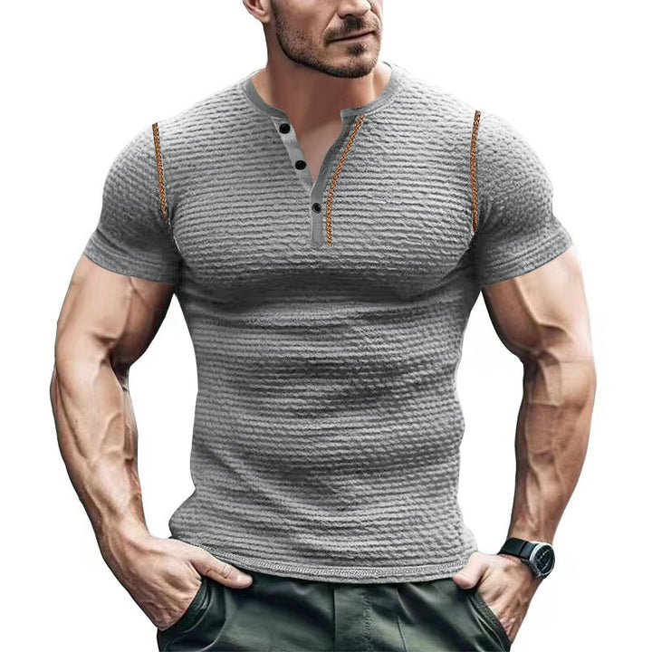 Men's structured short-sleeve henley with three-dimensional relief structure, reinforced button placket, and contrast piping Mune Fashion
