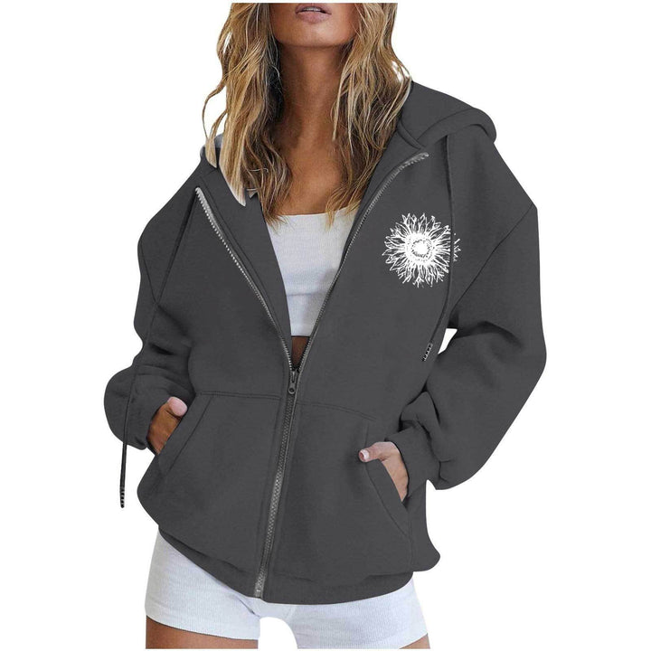 Women oversized hoodie jacket with front zipper, kangaroo pockets and stylized sunflower print Mune Fashion