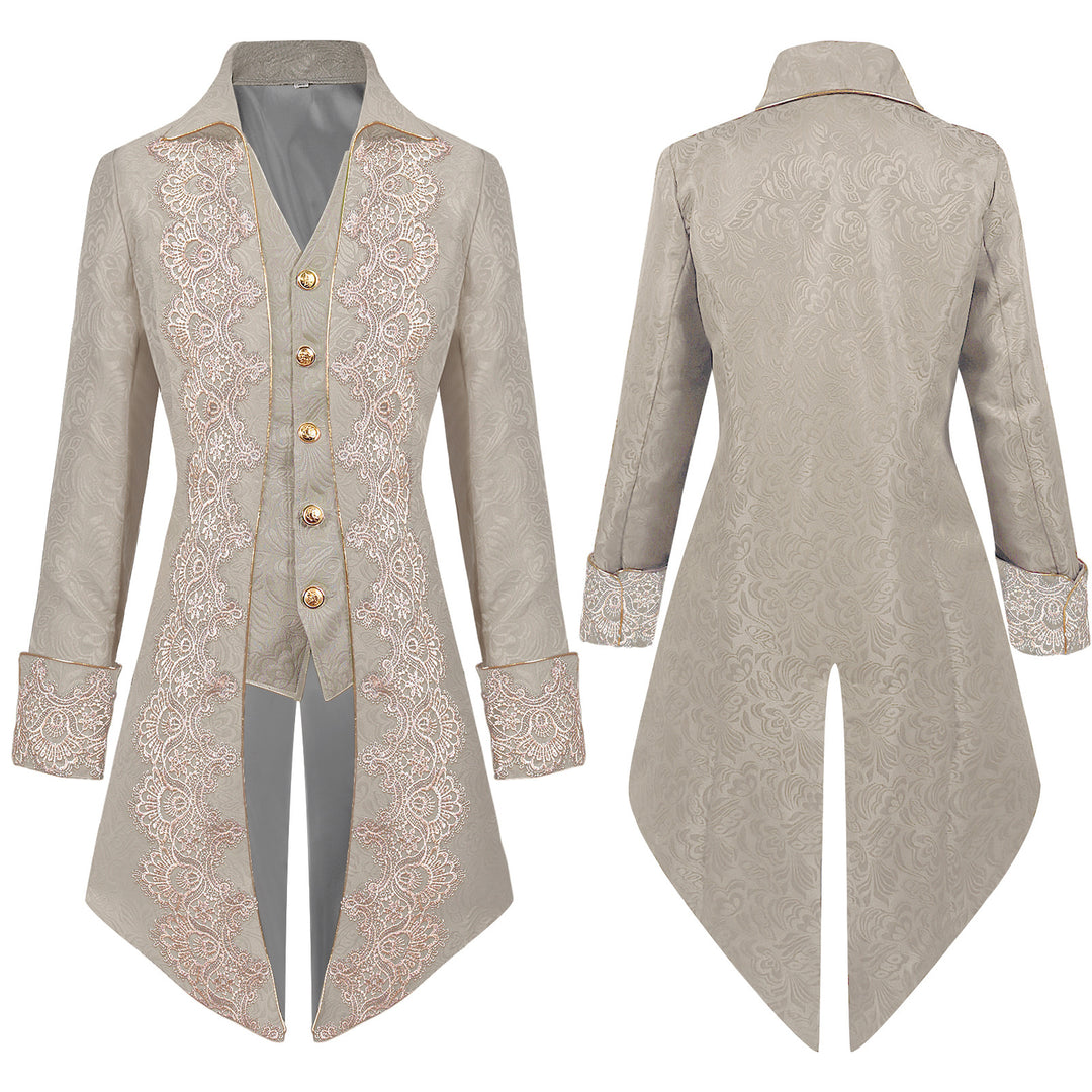 Women's tailored long dress coat with jacquard structure, delicate lace trim, and decorative button placket.