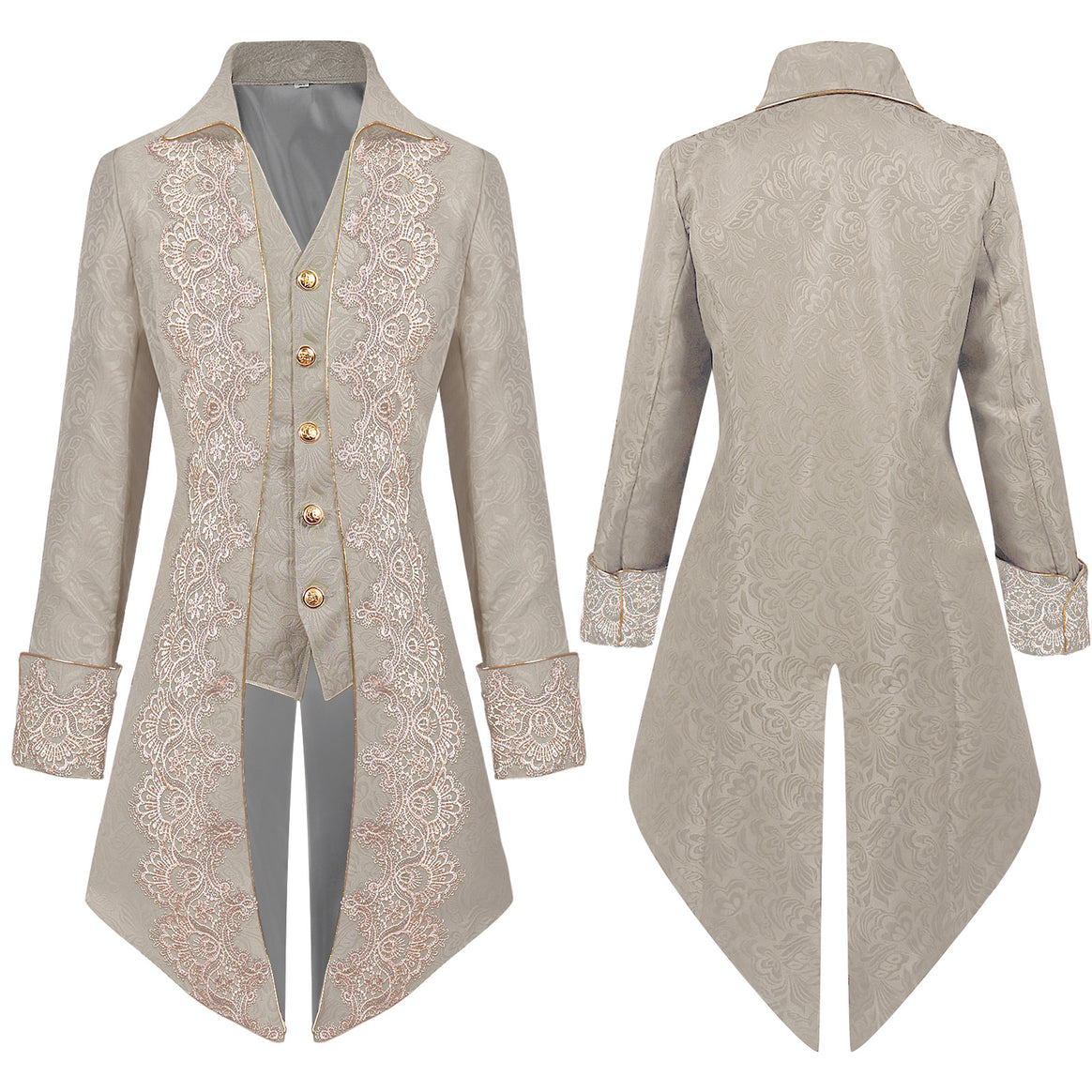 Women's tailored long dress coat with jacquard structure, delicate lace trim, and decorative button placket.