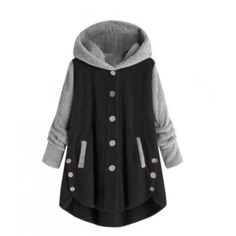 Women's Oversized Teddy Coat with Hood, Asymmetrical Zigzag Hem and Wooden Button Placket Mune Fashion