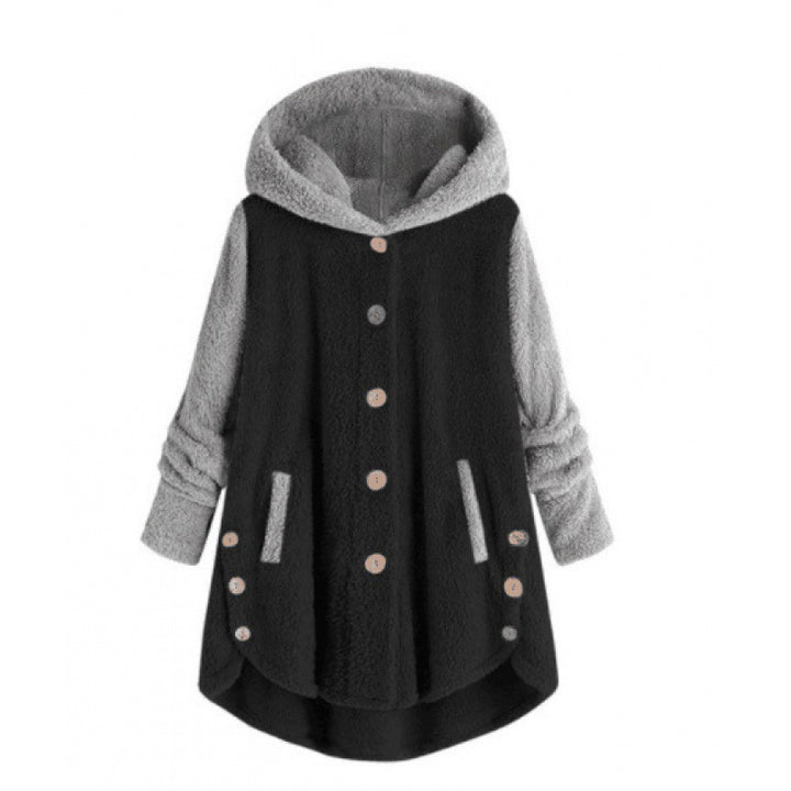Women's Oversized Teddy Coat with Hood, Asymmetrical Zigzag Hem and Wooden Button Placket Mune Fashion