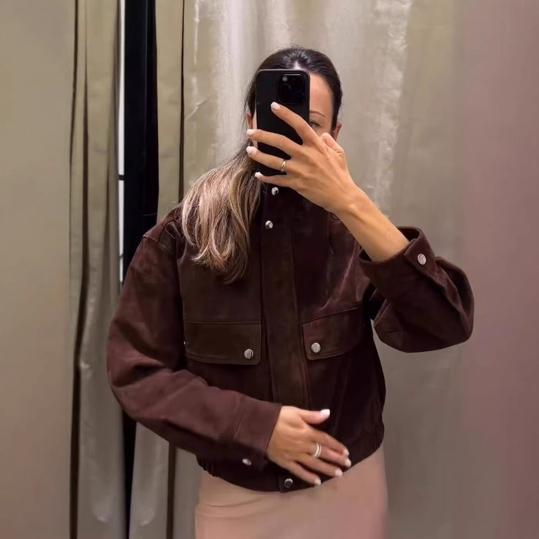 Women's Short Bomber Jacket in Velvet Look with Stand Collar and Flap Pockets Mune Fashion